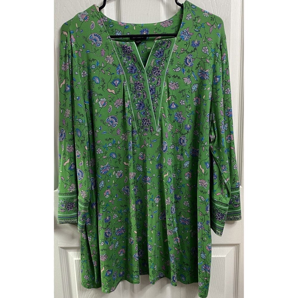 J. Jill Women Long Sleeve Green&Pink Floral V-neck Tunic Top Paisley Print XL-1X